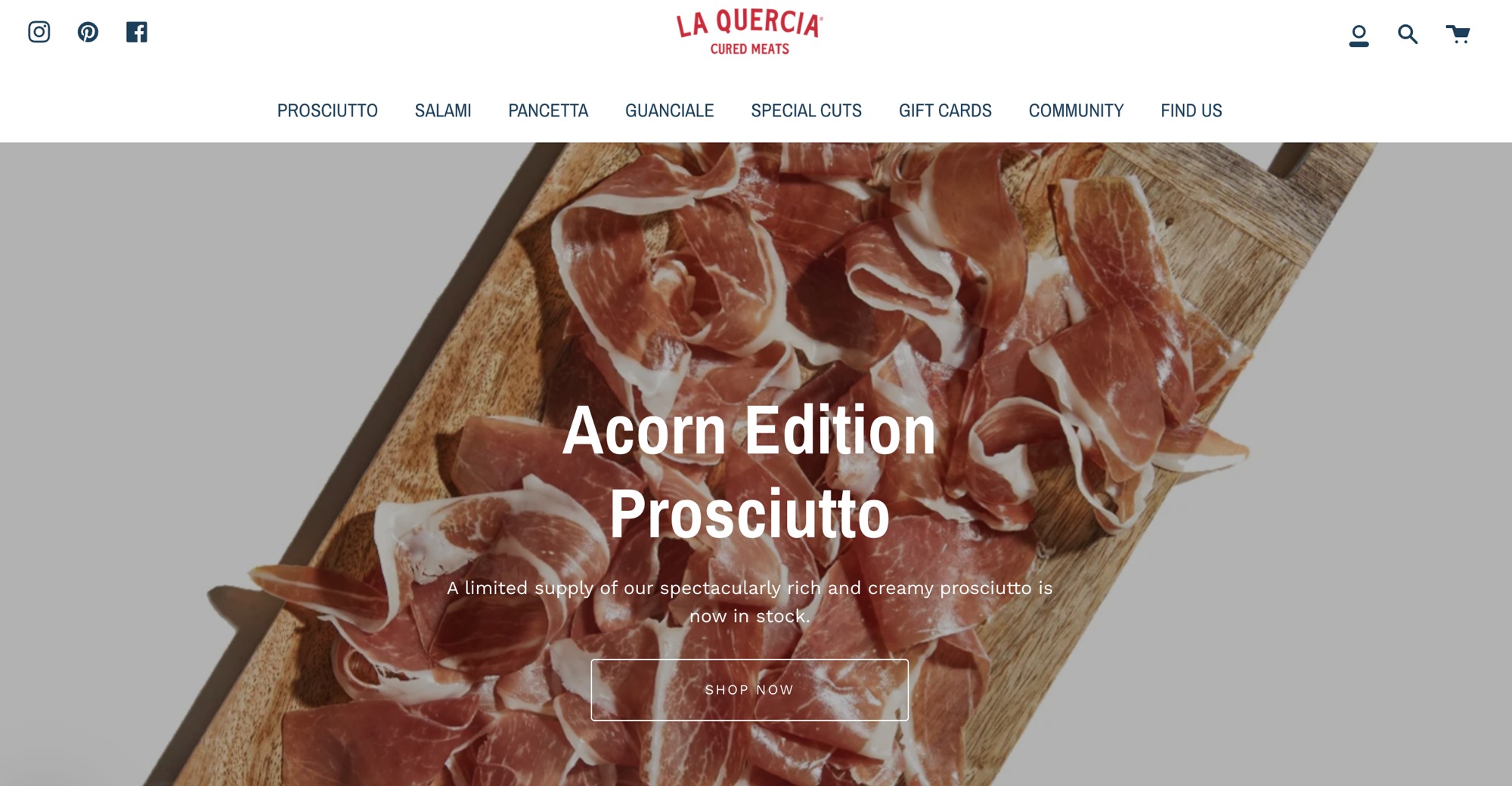La Quercia’s website featuring Acorn Edition Prosciutto