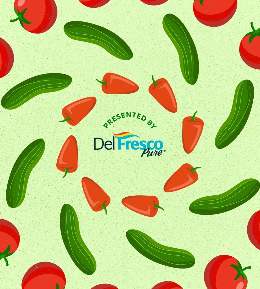 Del Fresco Pure artwork with tomatoes, peppers and cucumbers