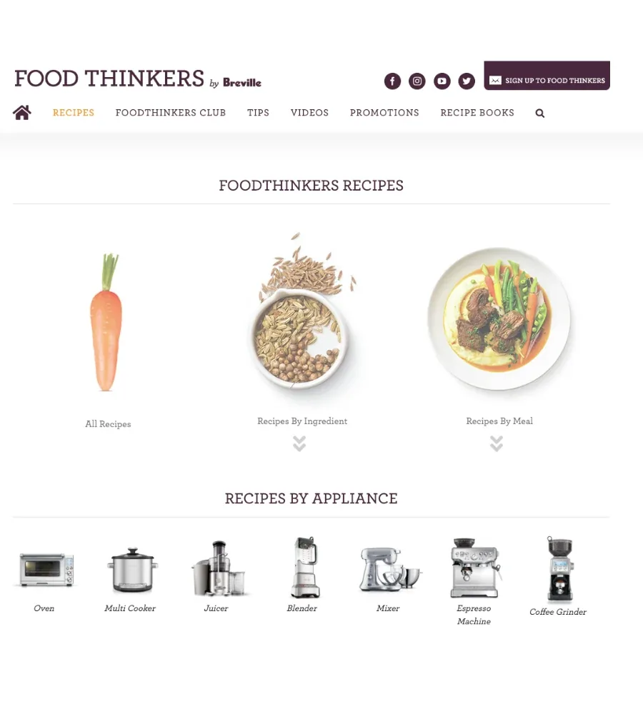 Food Thinkers by Breville, featuring recipes, ingredients and kitchen appliances